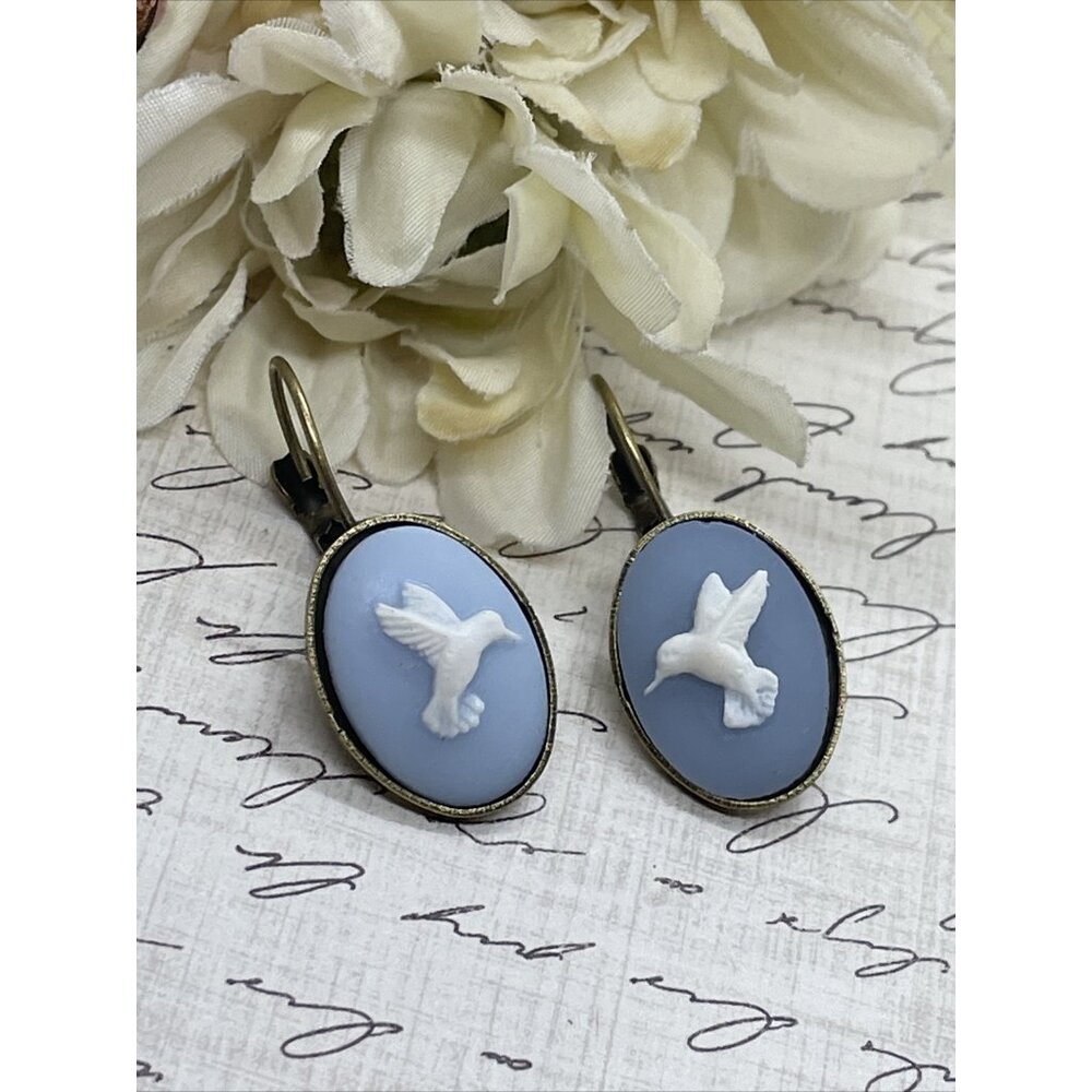 Blue White Hummingbird Bronze Boutique French Wire Cameo Earrings Wedding Mom